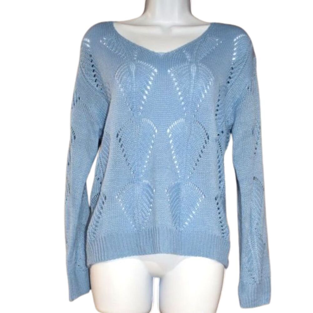 Women’s Light Blue Open Knit Sweater Size Small V Neck Lightweight Sheer